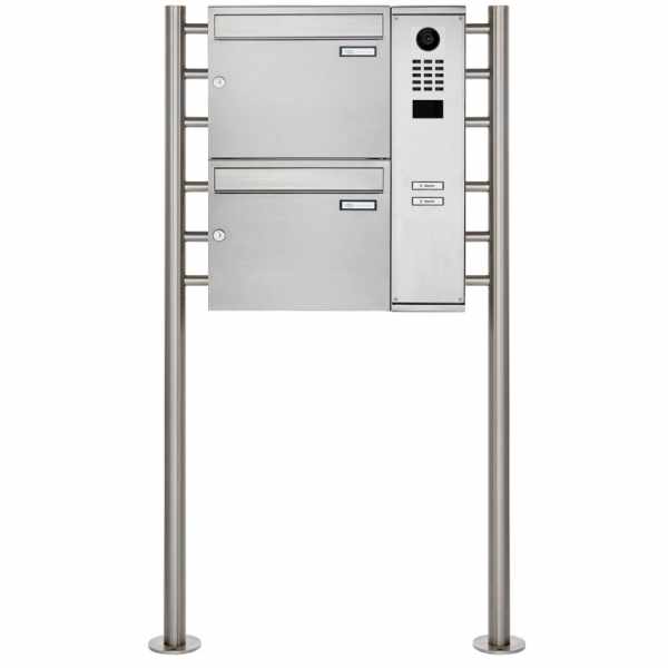 2-compartment Stainless steel free-standing letterbox BASIC Plus 593R ST-R with DoorBird D2100E video intercom
