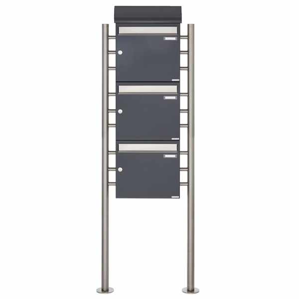 3-compartment free-standing letterbox BASIC 383 ST-R with newspaper box - stainless steel- RAL 7016 anthracite gray