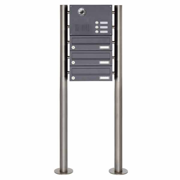 3-compartment Stainless steel free-standing letterbox BASIC Plus 385KX ST-R with bell & voice camera preparation - RAL
