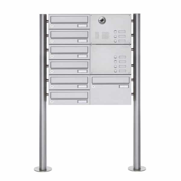 7-compartment Stainless steel free-standing letterbox Design BASIC Plus 385KX ST-R with bell & voice camera preparation