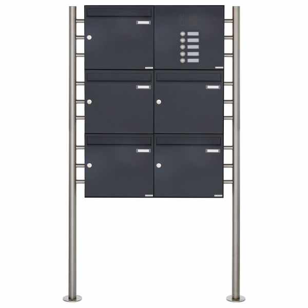 5-compartment 3x2 free-standing letterbox Design BASIC 381 ST-R with bell box - RAL 7016 anthracite gray
