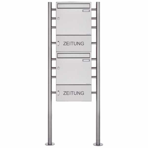 2-compartment 2x1 stainless steel free-standing letterbox Design BASIC 381 ST-R with closed newspaper box