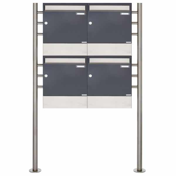 4-compartment 2x2 free-standing letterbox Design BASIC 381 ST-R with newspaper compartment - stainless steel RAL 7016 anthracite gray