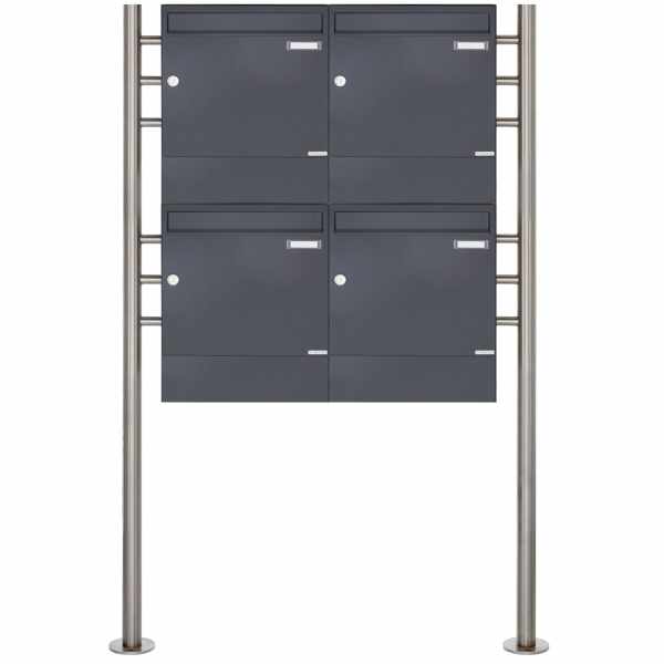 4-compartment 2x2 free-standing letterbox Design BASIC 381 ST-R with newspaper box - RAL 7016 anthracite gray