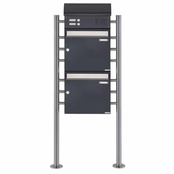 2-compartment free-standing letterbox BASIC 383 ST-R with bell box & newspaper box - stainless steel- RAL 7016 anthracite