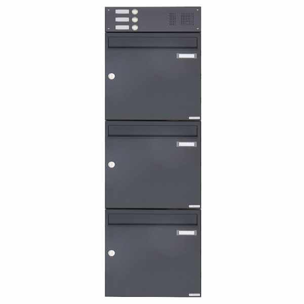 3-compartment Surface mounted mailbox Design BASIC 382A AP with bell box - RAL 7016 anthracite gray