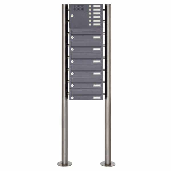 6-compartment Stainless steel free-standing letterbox Design BASIC Plus 385X ST-R with bell box - RAL of your choice