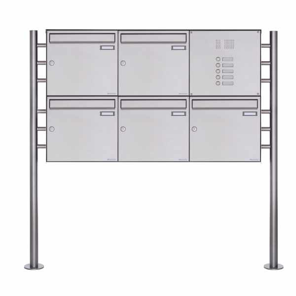 5-compartment free-standing letterbox Design BASIC Plus 381X ST-R with bell box - stainless steel V2A polished