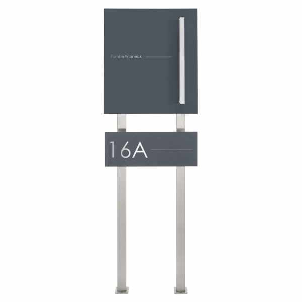 Design stainless steel mailbox free-standing Schiller Medium Elegance III with handlebar - house number - name - RAL of choice