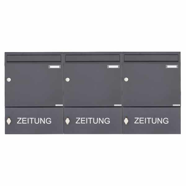 3-compartment Surface mounted mailbox Design BASIC 382A AP with closed newspaper box - RAL 7016 anthracite gray