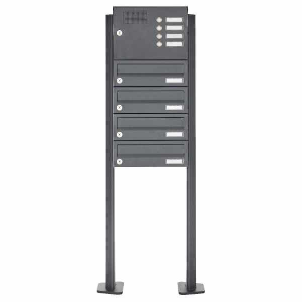 4-compartment Stainless steel free-standing letterbox Design BASIC Plus 385XP ST-T with bell box - RAL of your choice