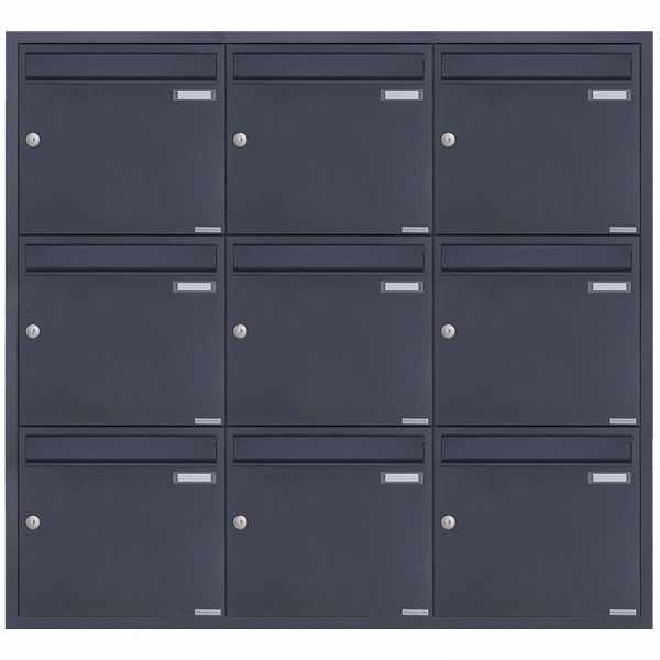 9-compartment 3x3 stainless steel flush-mounted mailbox system BASIC Plus 382XU UP - RAL of your choice - 9 parties