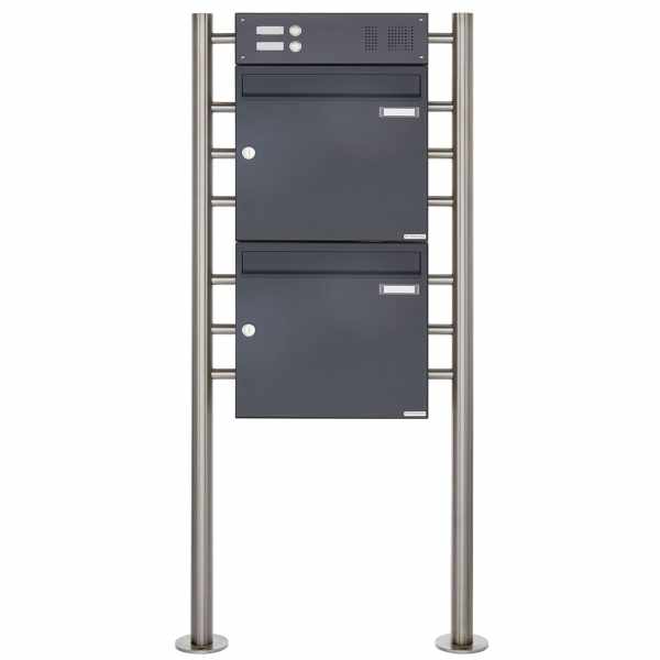 2-compartment free-standing letterbox Design BASIC 381 ST-R with bell box - RAL 7016 anthracite gray