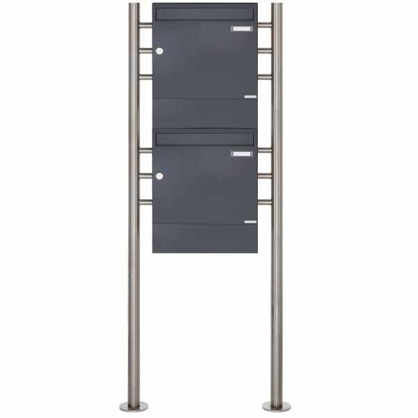 2-compartment 2x1 free-standing letterbox Design BASIC 381 ST-R with newspaper box - RAL 7016 anthracite gray
