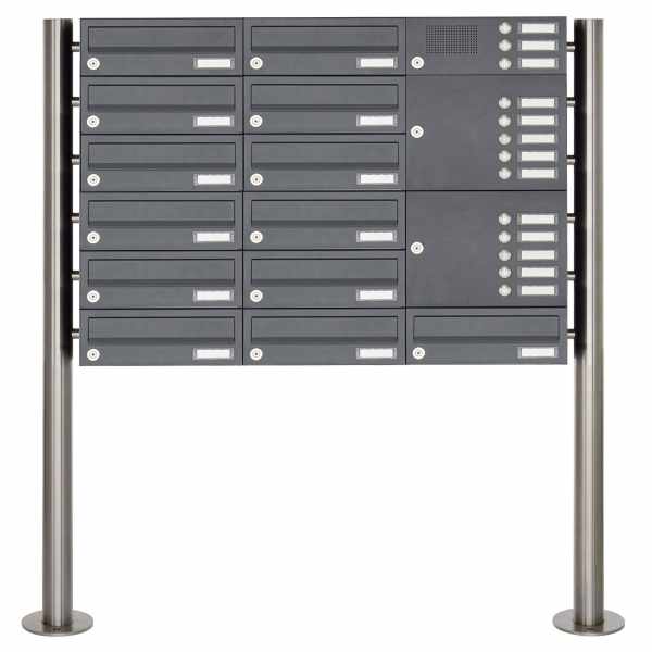 13-compartment 6x3 stainless steel free-standing letterbox Design BASIC Plus 385X ST-R with bell box - RAL of your choice