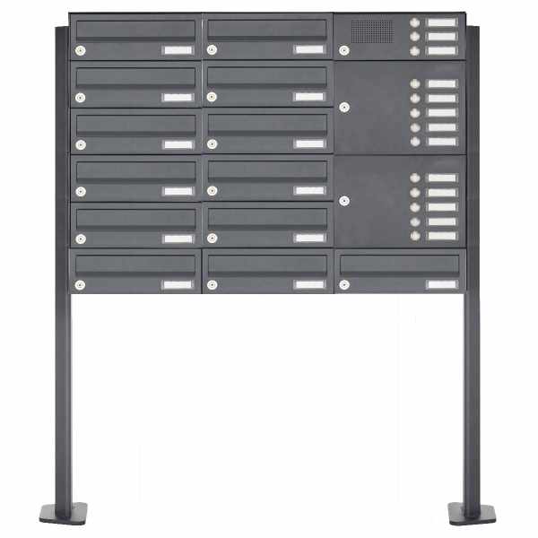 13-compartment Stainless steel free-standing letterbox system Design BASIC Plus 385XP ST-T with bell box - RAL of your choice