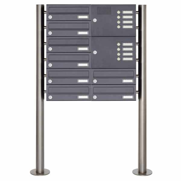 8-compartment Stainless steel free-standing letterbox Design BASIC Plus 385X ST-R with bell box - RAL of your choice