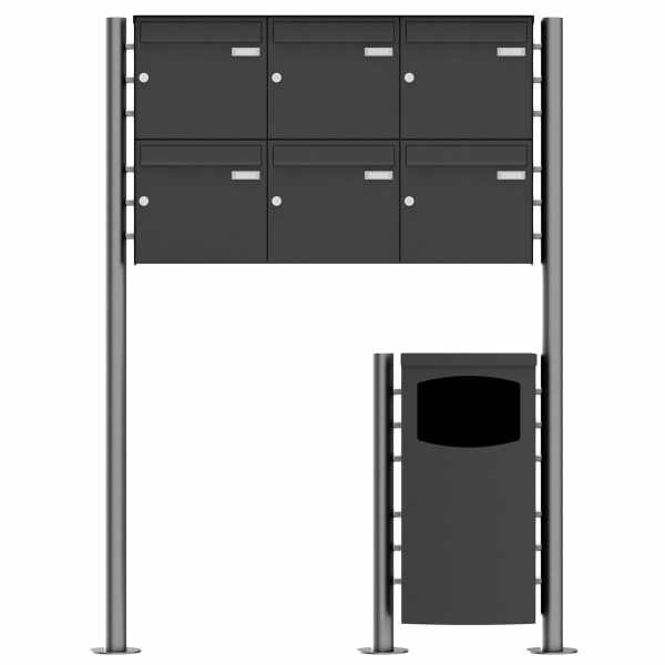 6-compartment 2x3 stainless steel free-standing letterbox Design BASIC Plus 381X ST-R with waste garbage can - RAL of your choice