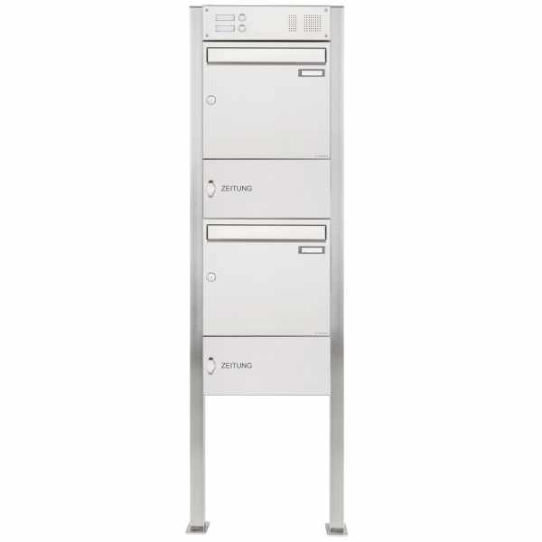 2-compartment Stainless steel free-standing letterbox Design BASIC 384 ST-Q with bell box & newspaper box