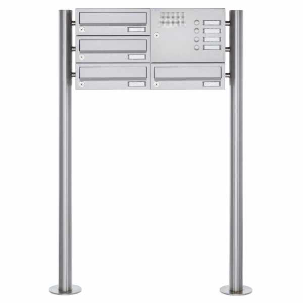 4-compartment free-standing letterbox Design BASIC 385 ST-R with bell box - horizontal - stainless steel V2A
