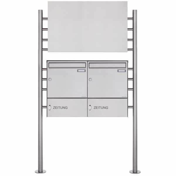 2-compartment Stainless steel free-standing letterbox BASIC Plus 381X ST-R with advertising sign 710x460 & newspaper compartments