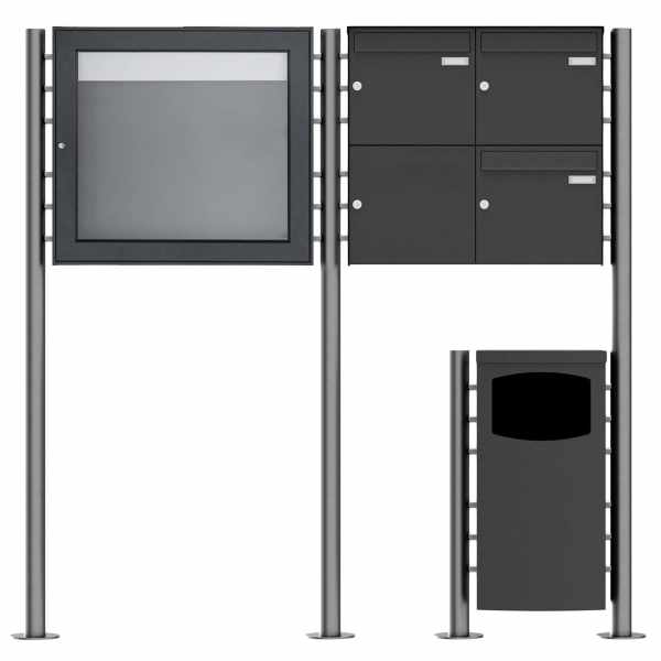 3er 2x2 Standbriefkasten Design BASIC Plus 381X ST-R mit Abfallbehälter & Schaukasten - RAL Farbe