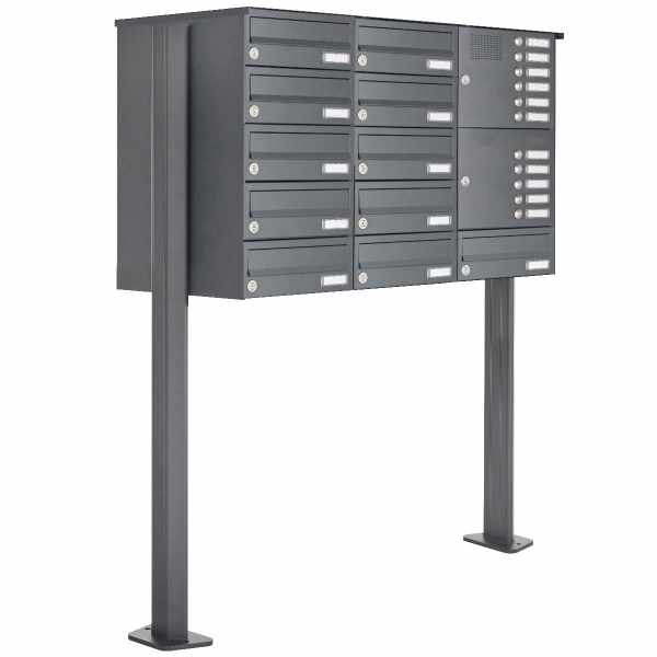 11-compartment free-standing letterbox Design BASIC 385P ST-T with bell box - RAL 7016 anthracite gray
