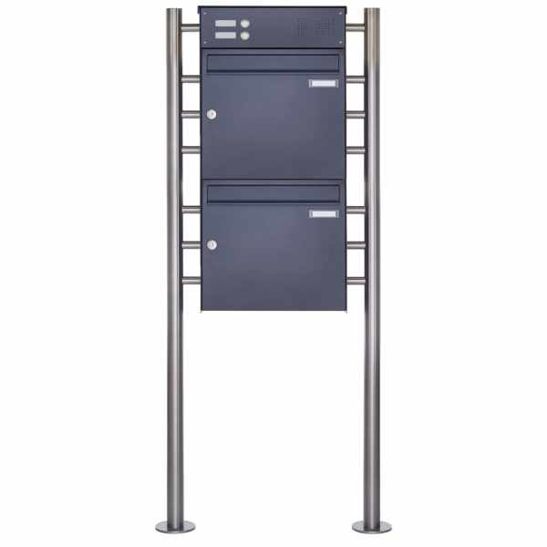 2-compartment Stainless steel free-standing letterbox Design BASIC Plus 381X ST-R with bell box - RAL of your choice