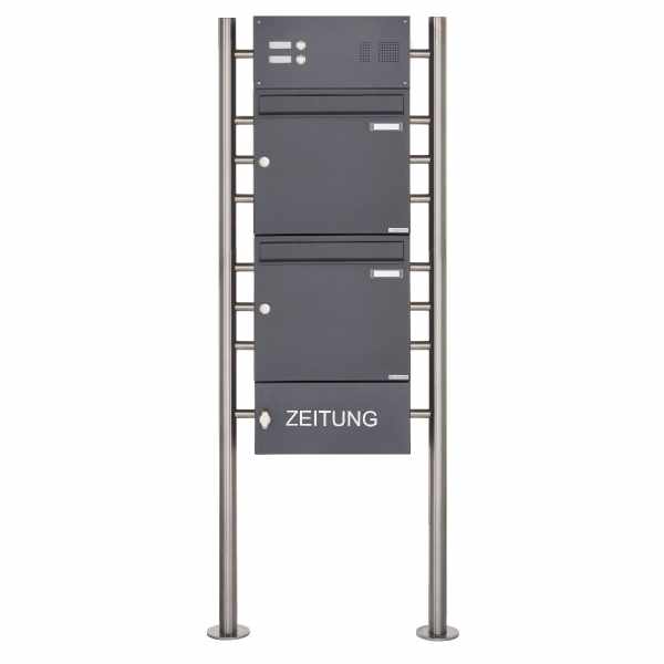 2-compartment free-standing letterbox Design BASIC 381 ST-R with bell box & newspaper box- RAL 7016 anthracite