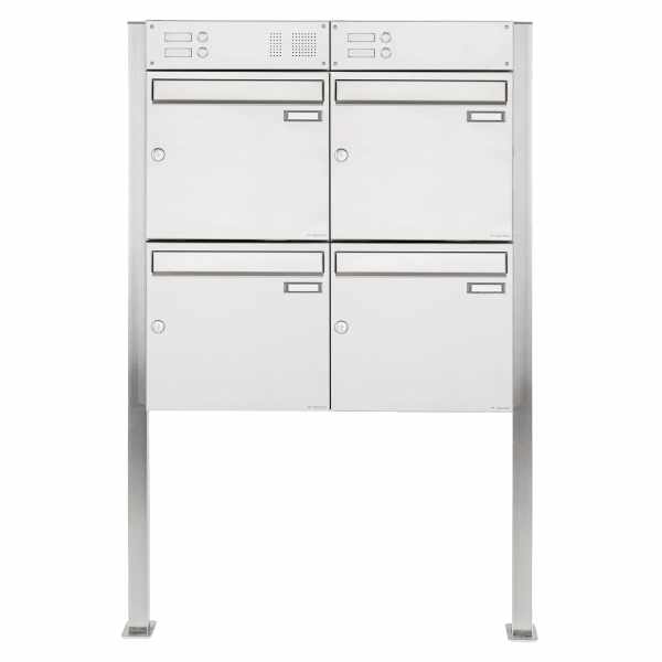 4-compartment 2x2 stainless steel free-standing letterbox Design BASIC 384 ST-Q with bell box